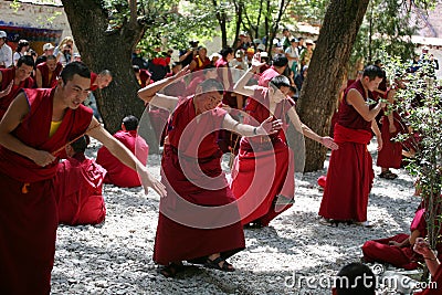 Tibetan Lamas Debating on Buddhist doctrines Editorial Stock Photo