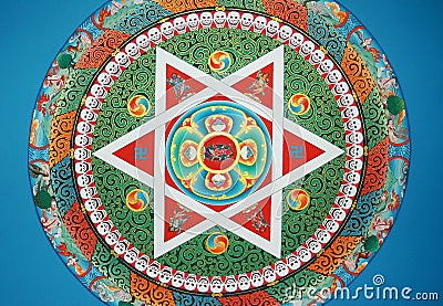 Tibetan mandala on the ceiling of the monastery Stock Photo