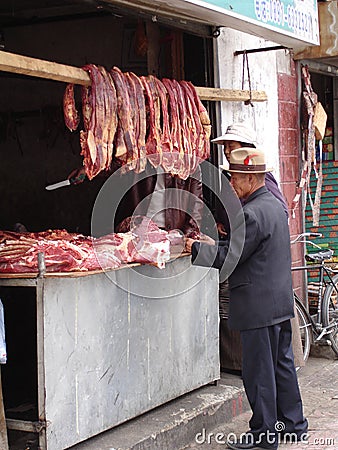 Tibetan meat stand front Editorial Stock Photo