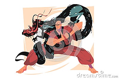 Tibetan monk character fighting with dragon Vector Illustration