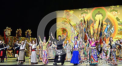 Tibetan people danceing night show, Jiuzhaigou Editorial Stock Photo