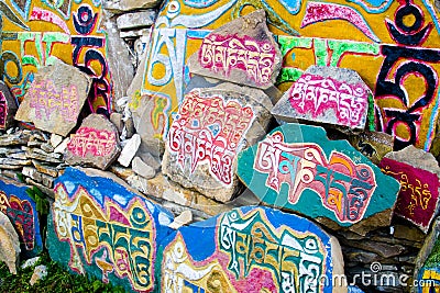 Tibetan prayer stones, religious Buddhist symbols Stock Photo