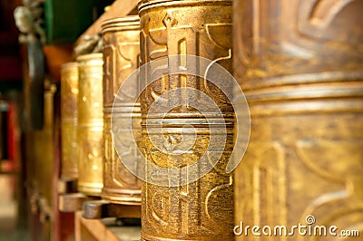 Tibetan prayer wheels in songzanlin monastery Stock Photo