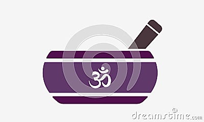 Tibetan singing bowl flat icon with om symbol. Healing music and meditation instrument therapy for relaxation and spirituality. Vector Illustration