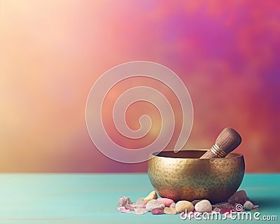 Tibetan singing bowl with healing stones on a colorful background. Cartoon Illustration