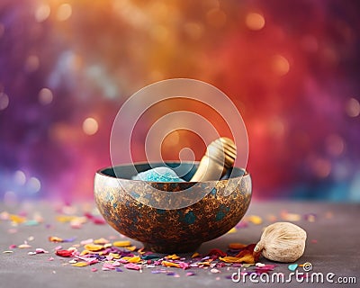 Tibetan singing bowl with healing stones on a colorful background. Cartoon Illustration