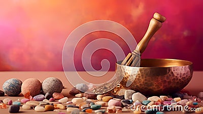 Tibetan singing bowl with tumbled healing stones on gradient colorful background - Banner design with copy space Stock Photo