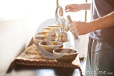 Tibetan singing bowls in sound therapy in spa center Stock Photo