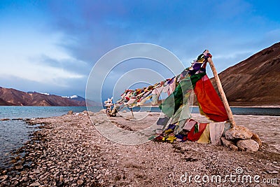 Tibetian prayer flag beside Pangong Lake (Pangong Tso),Leh , Lad Stock Photo