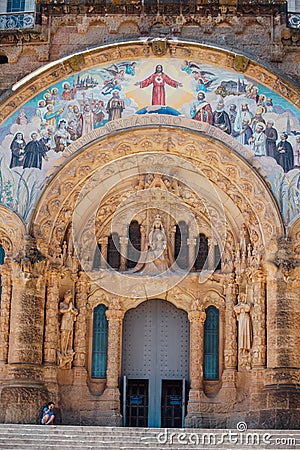 Tibidabo church on mountain in Barcelona with christ statue Stock Photo