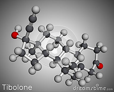 Tibolone molecule. It is anabolic steroid hormone drug, synthetic estrogen, used for treatment of symptoms of menopause, Stock Photo