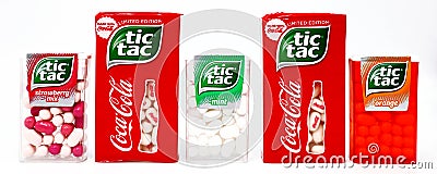 TIC TAC Mint, Orange, Strawberry mix and limited edition of TIC TAC Coca-Cola Editorial Stock Photo