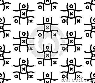 Tic Tac Toe. Black and white seamless pattern full od tic tac toe, Noughts and crosses, Xs and Os Vector Illustration