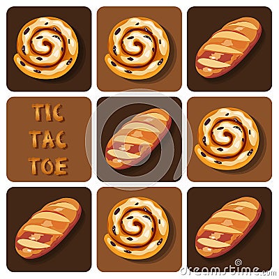 Tic-Tac-Toe of bread and cinnamon roll Vector Illustration