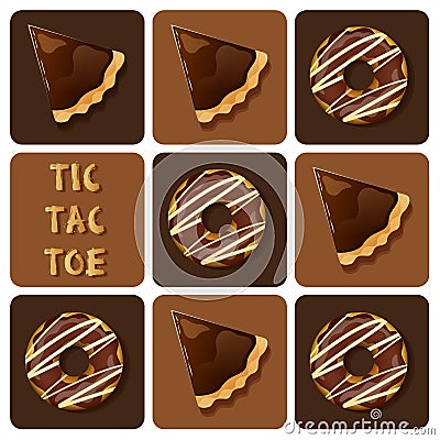 Tic-Tac-Toe of donut and chocolate tart Vector Illustration