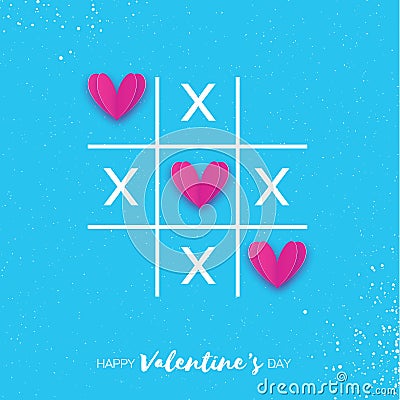 Tic tac toe game with criss cross and pink paper cut Hearts sign mark XOXO. Vector Illustration