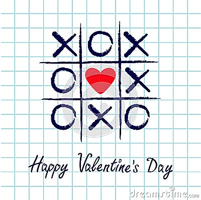 Tic tac toe game with criss cross and red heart sign mark XOXO. Hand drawn blue pen brush. Doodle line. Happy Valentines day card Vector Illustration