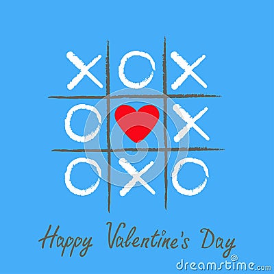 Tic tac toe game with criss cross and red heart sign mark XOXO. Hand drawn brush. Doodle line. Happy Valentines day card Flat desi Vector Illustration