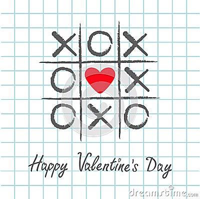 Tic tac toe game with criss cross and red heart sign mark XOXO. Hand drawn pen brush. Doodle line. Happy Valentines day card Flat Vector Illustration