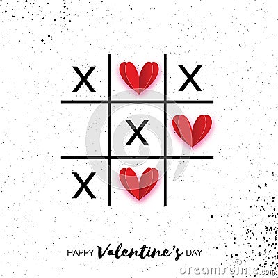 Tic tac toe game with criss cross and red paper cut Hearts Vector Illustration