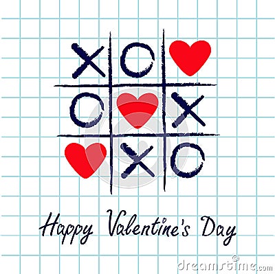 Tic tac toe game with criss cross and three red heart sign mark XOXO. Hand drawn blue pen brush. Doodle line. Happy Valentines day Vector Illustration