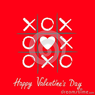 Tic tac toe game with criss cross and white heart sign mark XOXO. Hand drawn brush. Doodle line. Happy Valentines day card Flat de Vector Illustration