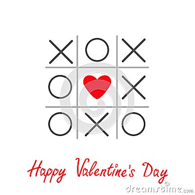 Tic tac toe game with cross and heart sign mark Happy Valentines day card Red Flat design Vector Illustration