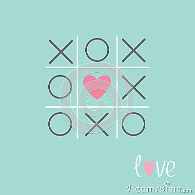 Tic tac toe game with cross and heart sign mark Love card Blue Flat design Vector Illustration