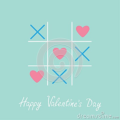 Tic tac toe game with cross and three heart sign mark Happy Valentines day card Blue Flat design Vector Illustration
