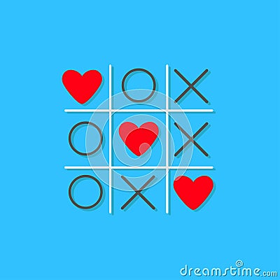 Tic tac toe game with cross and three red heart sign mark Love card Flat design Blue background Vector Illustration