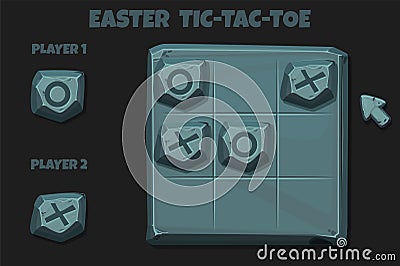 Tic-Tac-Toe stone style, UI game with cursor arrow. Vector cartoon strategy game noughts and crosses Vector Illustration