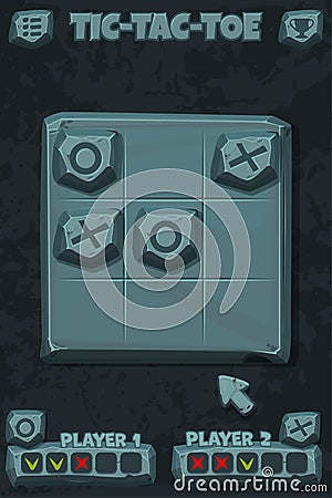 Tic-Tac-Toe stone style, UI game with cursor arrow. Vector cartoon strategy game noughts and crosses. Board logic game Vector Illustration