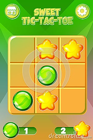 Tic-Tac-Toe in Sweet style, UI game with cursor arrow. Vector cartoon strategy game noughts and crosses. Board logic Vector Illustration
