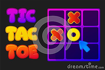 TIC TAC TOE UI with arow cursor. Vector cartoon strategy game noughts and crosses. Board logic game for your game Vector Illustration