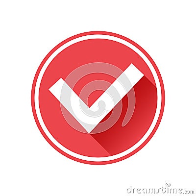 Tick check mark icon. White sign on red button. Vector Vector Illustration