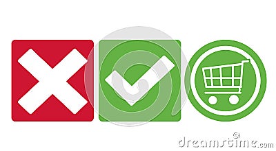 Tick check shopping cart icon buttons green and red Cartoon Illustration