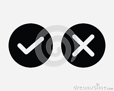 Tick and Cross Icon Right Wrong Checkmark Check X Yes No Choice Vote Confirm Select Reject Black White Graphic Clipart Artwork Vector Illustration