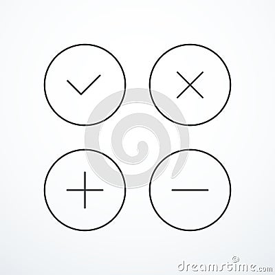 Tick, cross, plus, minus icon set Vector Illustration
