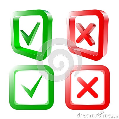 Tick and cross signs. Green checkmark OK and red X icons, isolated on white background. Vector illustration Vector Illustration