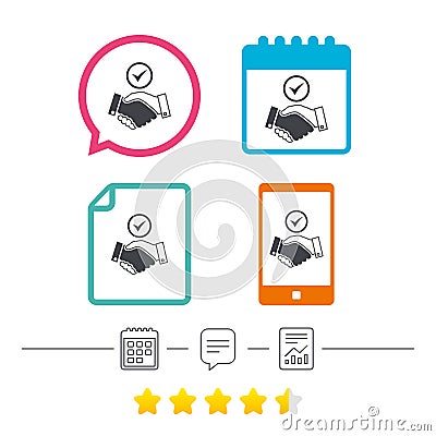 Tick handshake sign icon. Successful business. Vector Illustration