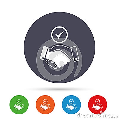 Tick handshake sign icon. Successful business. Vector Illustration