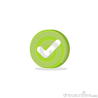 Tick icon vector symbol, cartoon green 3d checkmark isolated on white, checked icon or correct choice sign in round Vector Illustration