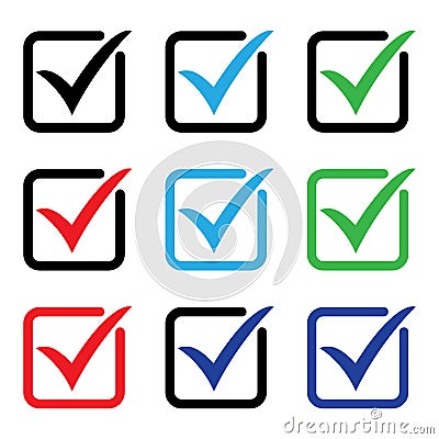 Tick icon vector symbol, checkmark isolated on white background, checked icon or correct choice sign, check mark or checkbox picto Vector Illustration