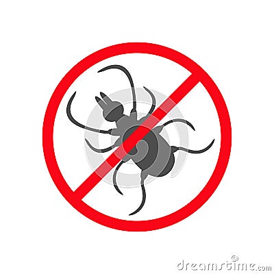 Tick insect silhouette. Mite deer ticks icon. Dangerous black parasite. Prohibition no symbol Red round stop warning sign. White Vector Illustration