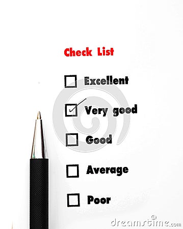 Tick placed you select choice. excellent,very good,good,average Stock Photo