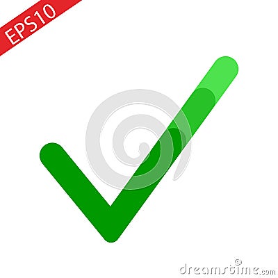 Tick sign element. Green checkmark icon isolated on white background. Simple mark graphic design. OK button for vote, decision, we Cartoon Illustration