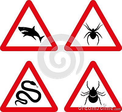 Tick, snake, shark and spider warning signs Vector Illustration