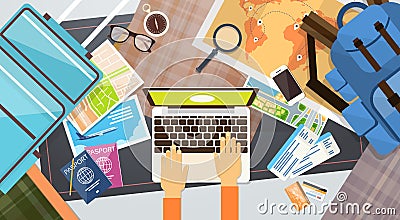 Ticket Boarding Pass Travel Document Hands Hold Typing Laptop Computer Vacation Concept Vector Illustration