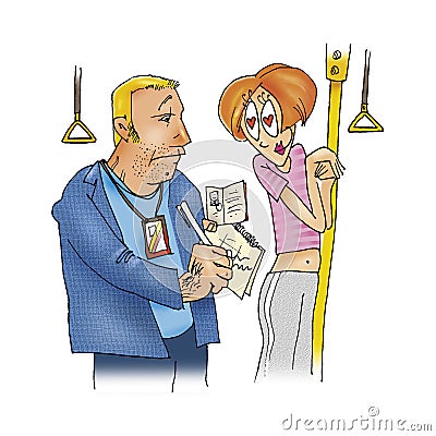 Ticket collector and woman Cartoon Illustration