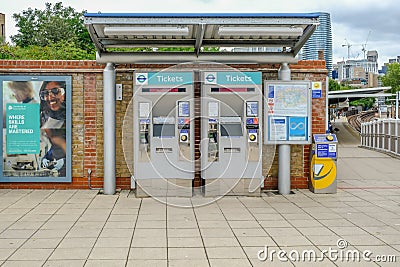 Ticket machines outside the Mudchute station on the DLR Editorial Stock Photo